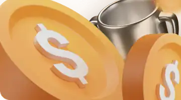 Image featuring large gold coins with dollar signs and a silver trophy in the background, representing the crypto deposit bonus at Money-X Casino.