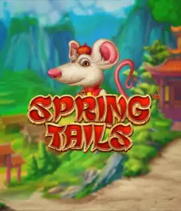 An enchanting illustration of a white rat dressed in traditional Chinese attire positioned in front of a scenic landscape with mountains. The image promotes the Spring Tails game by Betsoft, showcased with prominent red and gold logo lettering.