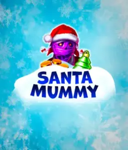  Experience the whimsical "Santa Mummy" slot game by Belatra, featuring a Santa-clad mummy dressed in festive holiday attire. This eye-catching image portrays the mummy with a bright purple hue, wearing a Santa hat, surrounded by snowy blue with frosty snowflakes. The game's title, "Santa Mummy," is prominently displayed in large, icy blue letters.